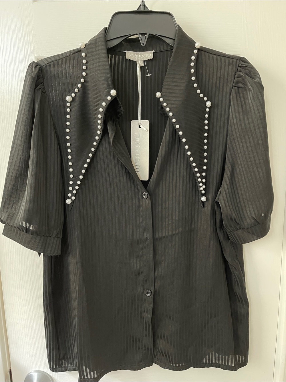 Sorrento Black Pearl-Trim Sheer Stripe Blouse